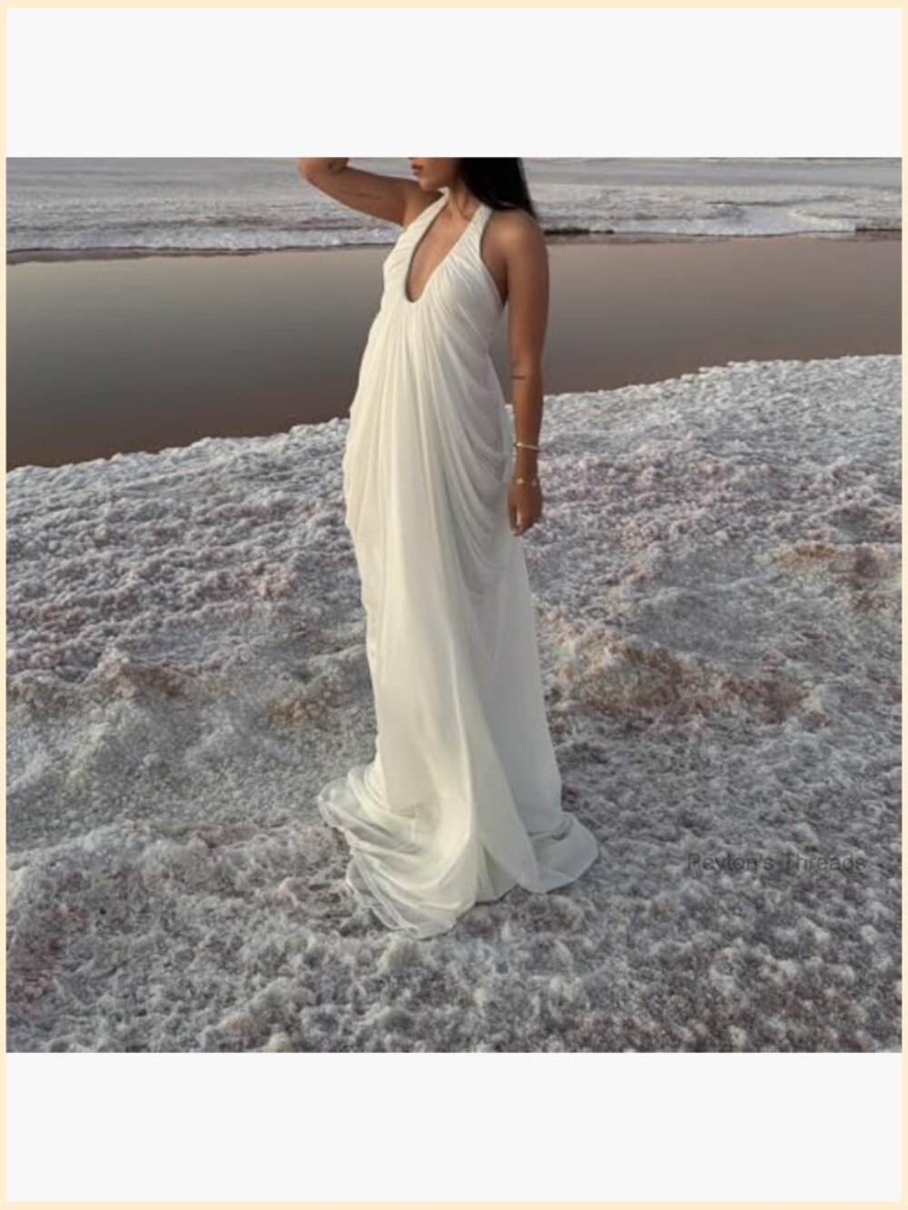 Halter Deep V-Neck Maxi Gown with Cascade Drape Floor-Length Wedding Guest Beach - Picture 5 of 7